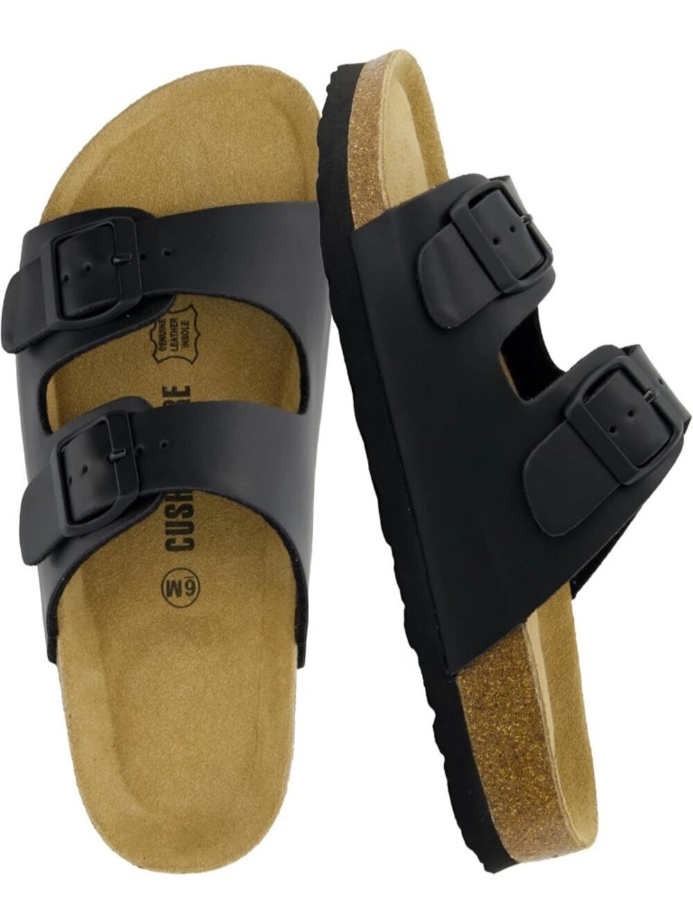 Women's Black Oily Footbed Sandals Comfort Double Buckle Two Strap Flats Shoes